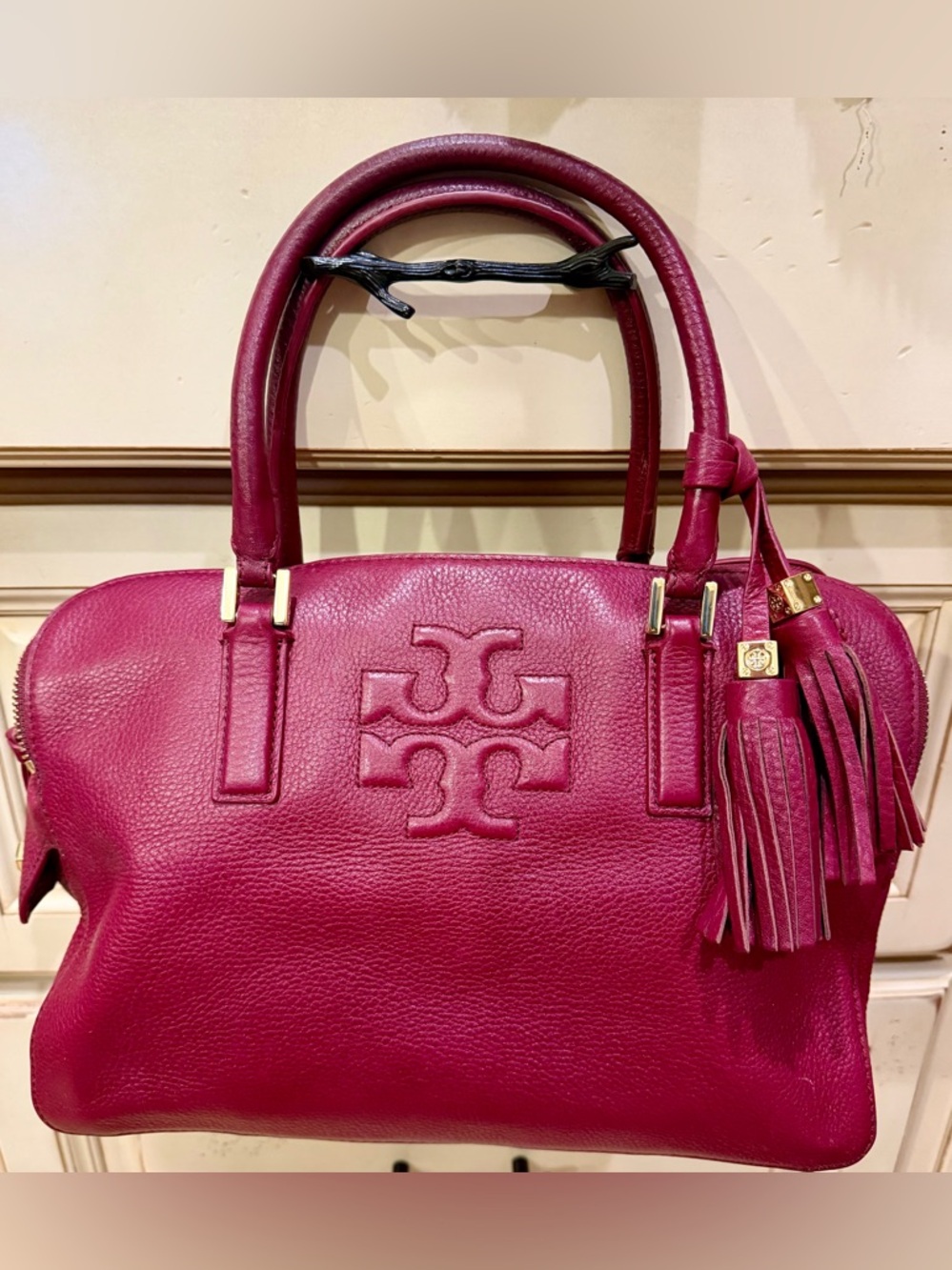 Tory Burch Handbag in “Burgundy Wine” Pebbled Leather with Tassels
